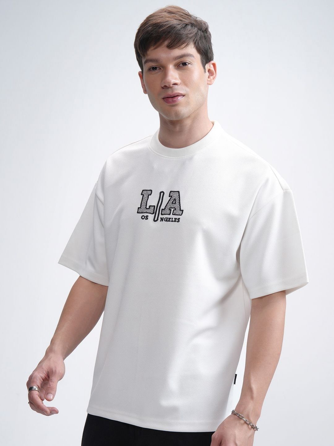 HIGHLANDER Men Round Neck Half Sleeve Oversized Embellished T- Shirt