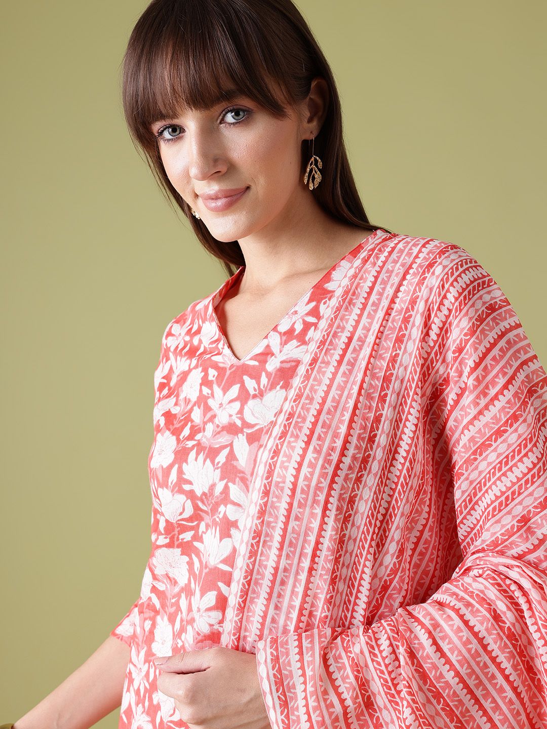 Anouk Floral Print Pure Cotton Kurta with Trousers & Dupatta