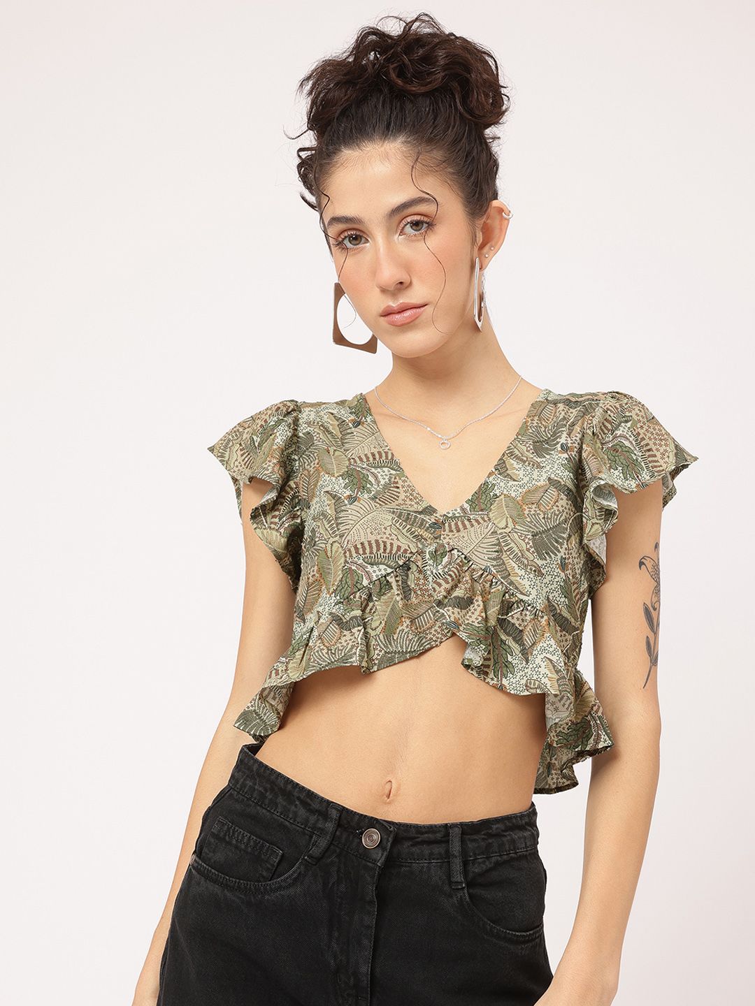 DressBerry Indie Vibes Printed Ruffled Crop Top