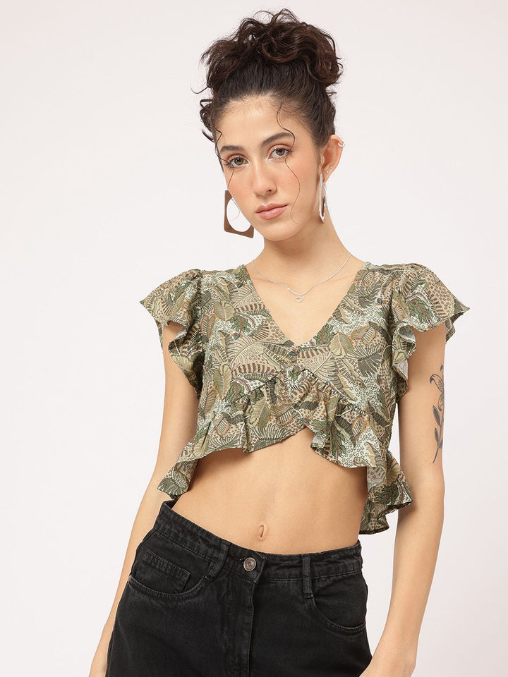 DressBerry Indie Vibes Printed Ruffled Crop Top