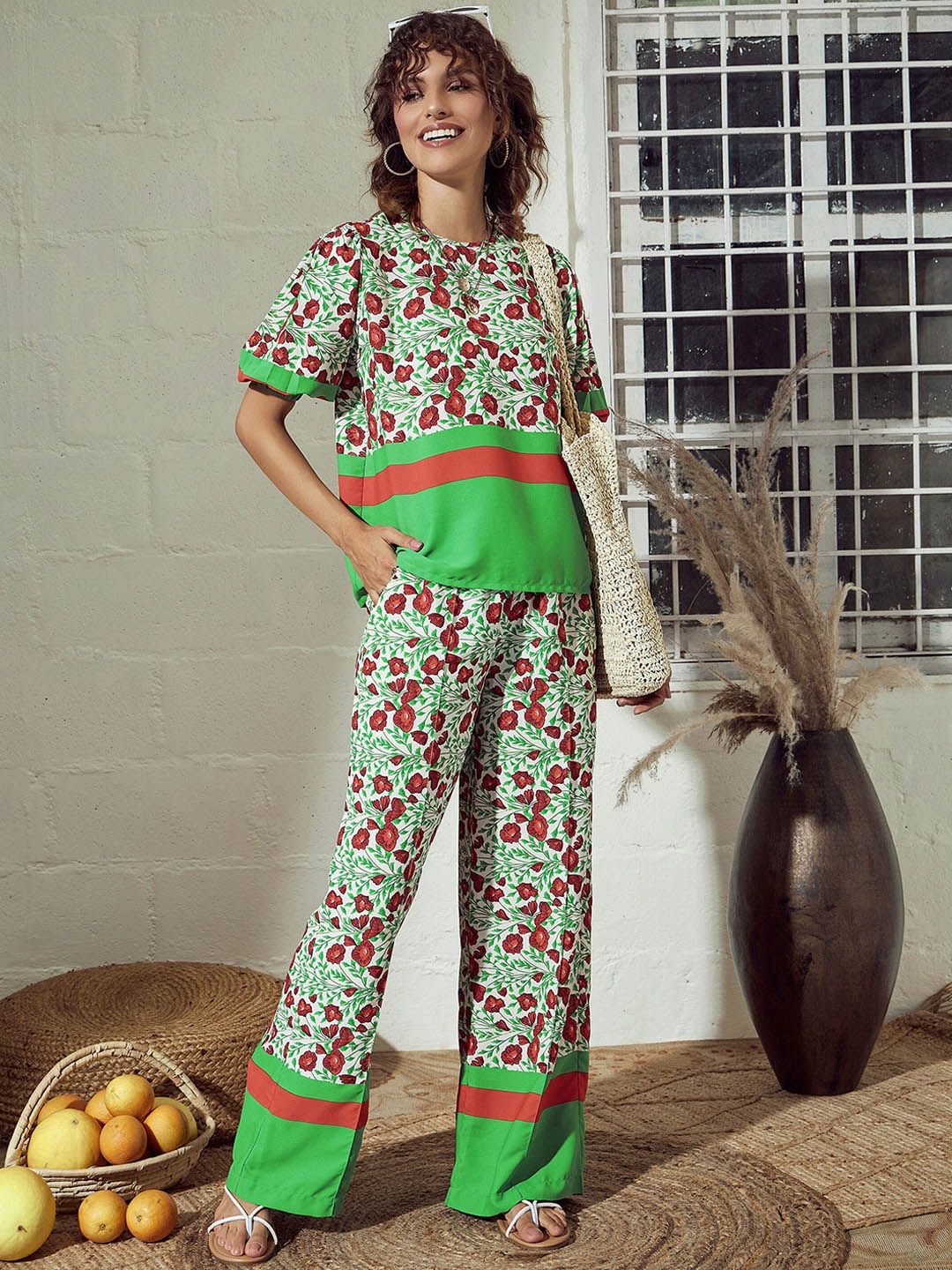 SASSAFRAS Green Floral Printed Round Neck Top With Trousers