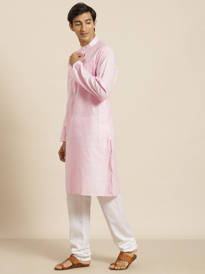 SOJANYA Men Pink & White Striped Cotton Straight Kurta