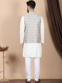 Kurta Kapas Tulen Bersulam Bunga Warna Krim Anouk dengan Jaket Churidar & Nehru