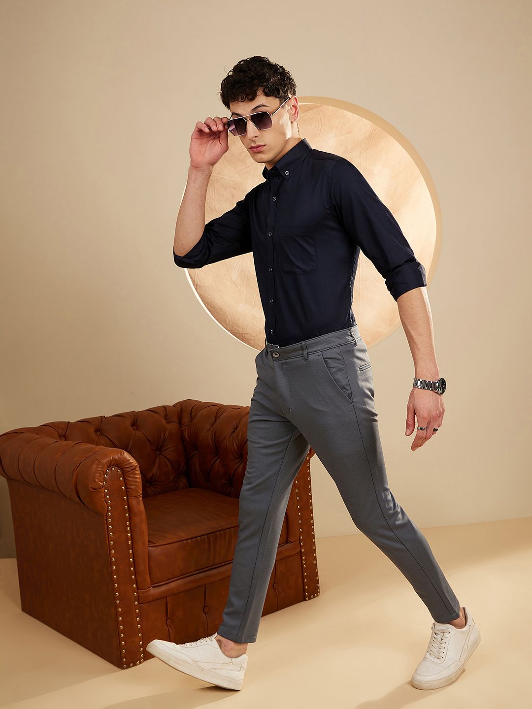 DENNISON Men Navy Blue Smart Slim Fit Water & Stain Repellent Solid Casual Shirt