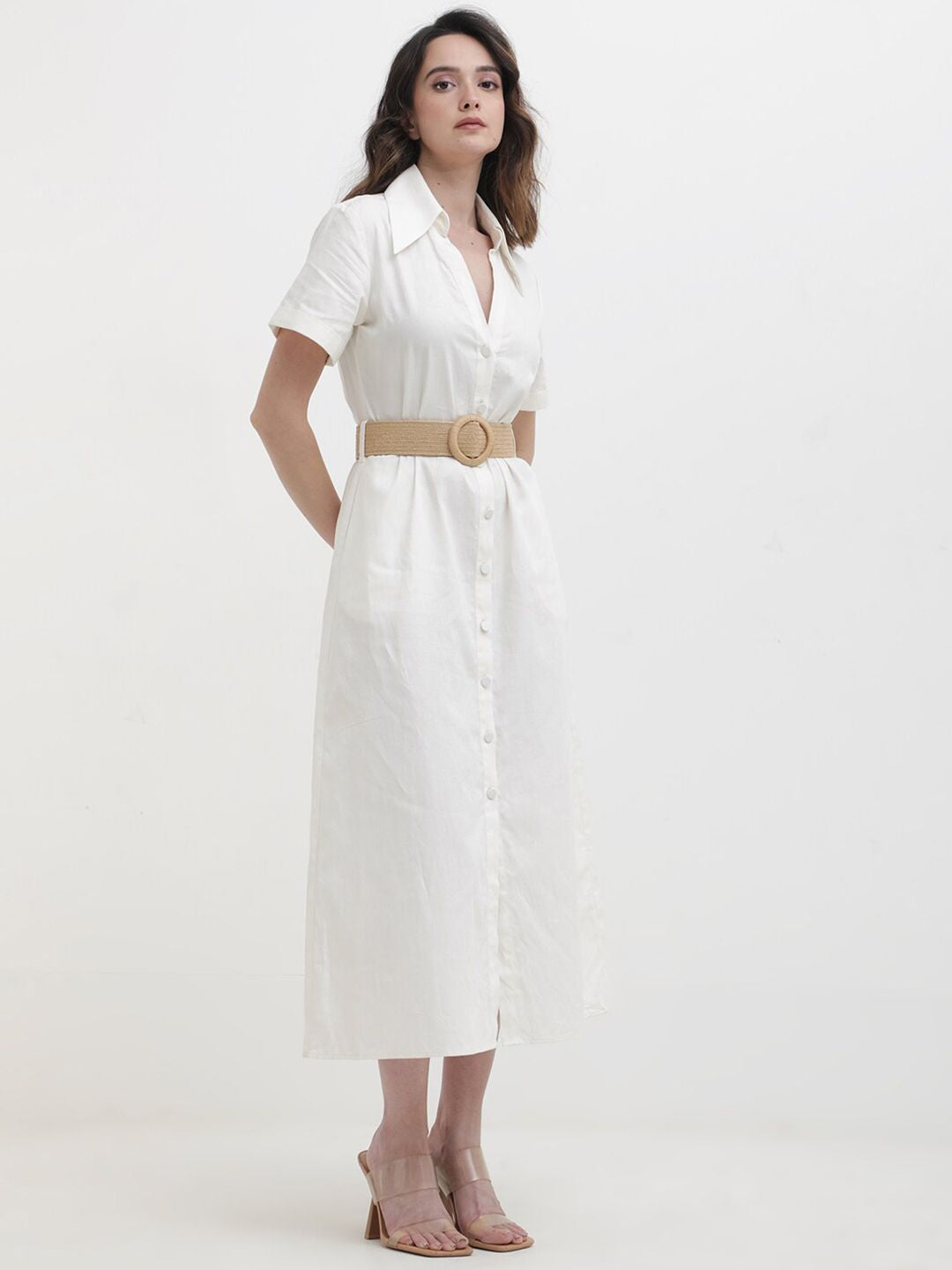 RAREISM Shirt Collar Cotton A-Line Midi Dress