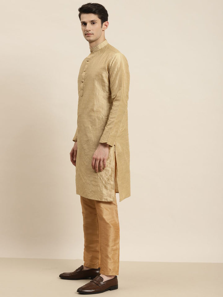 SOJANYA Men Golden & Black Kurta with Churidar & Nehru Jacket