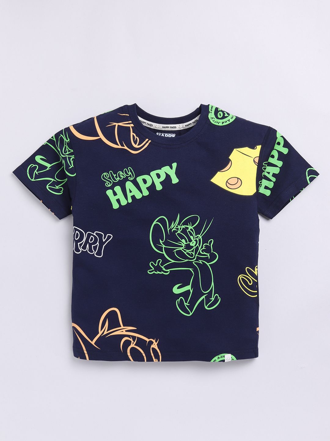 Happy Faces Boys Tom & Jerry Print Drop-Shoulder Sleeves Pure Cotton T-shirt