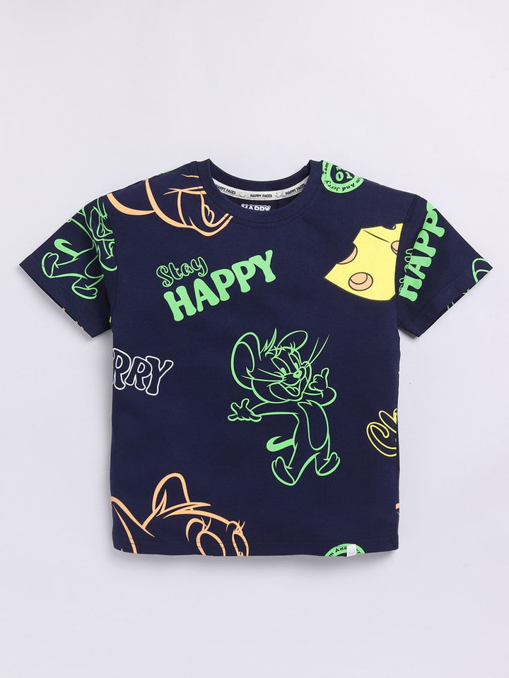 Happy Faces Boys Tom & Jerry Print Drop-Shoulder Sleeves Pure Cotton T-shirt