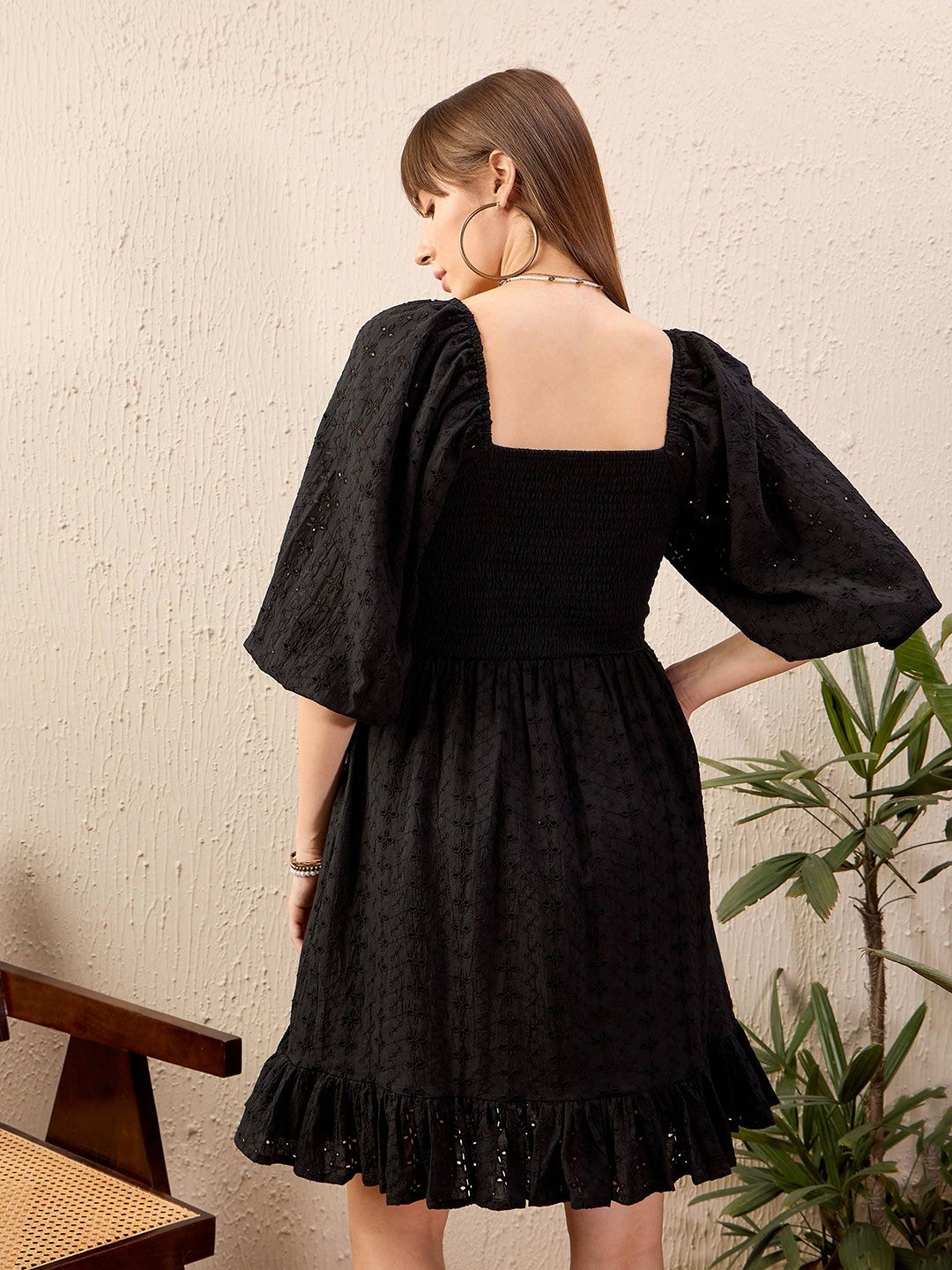 SASSAFRAS Black Schiffli Pure Cotton Fit & Flare Dress