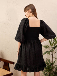 SASSAFRAS Black Schiffli Pure Cotton Fit & Flare Dress