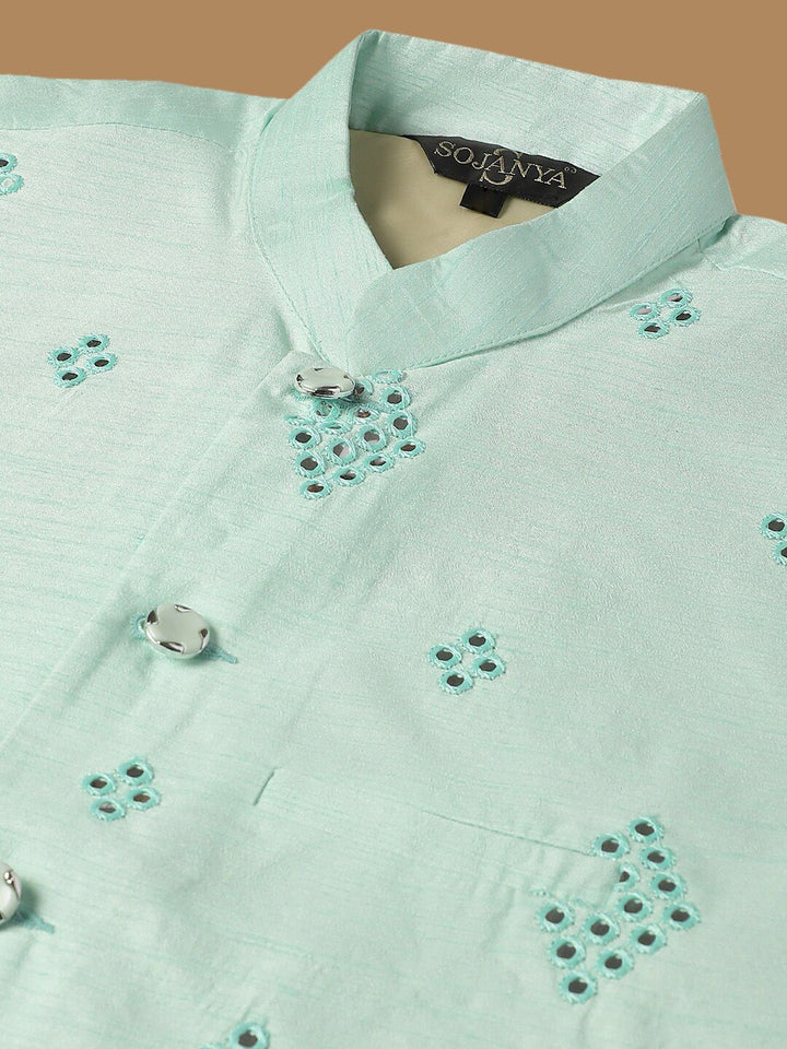 SOJANYA Embroidered Sequinned Pure Cotton Kurta with Churidar & Embroidered Nehru Jacket