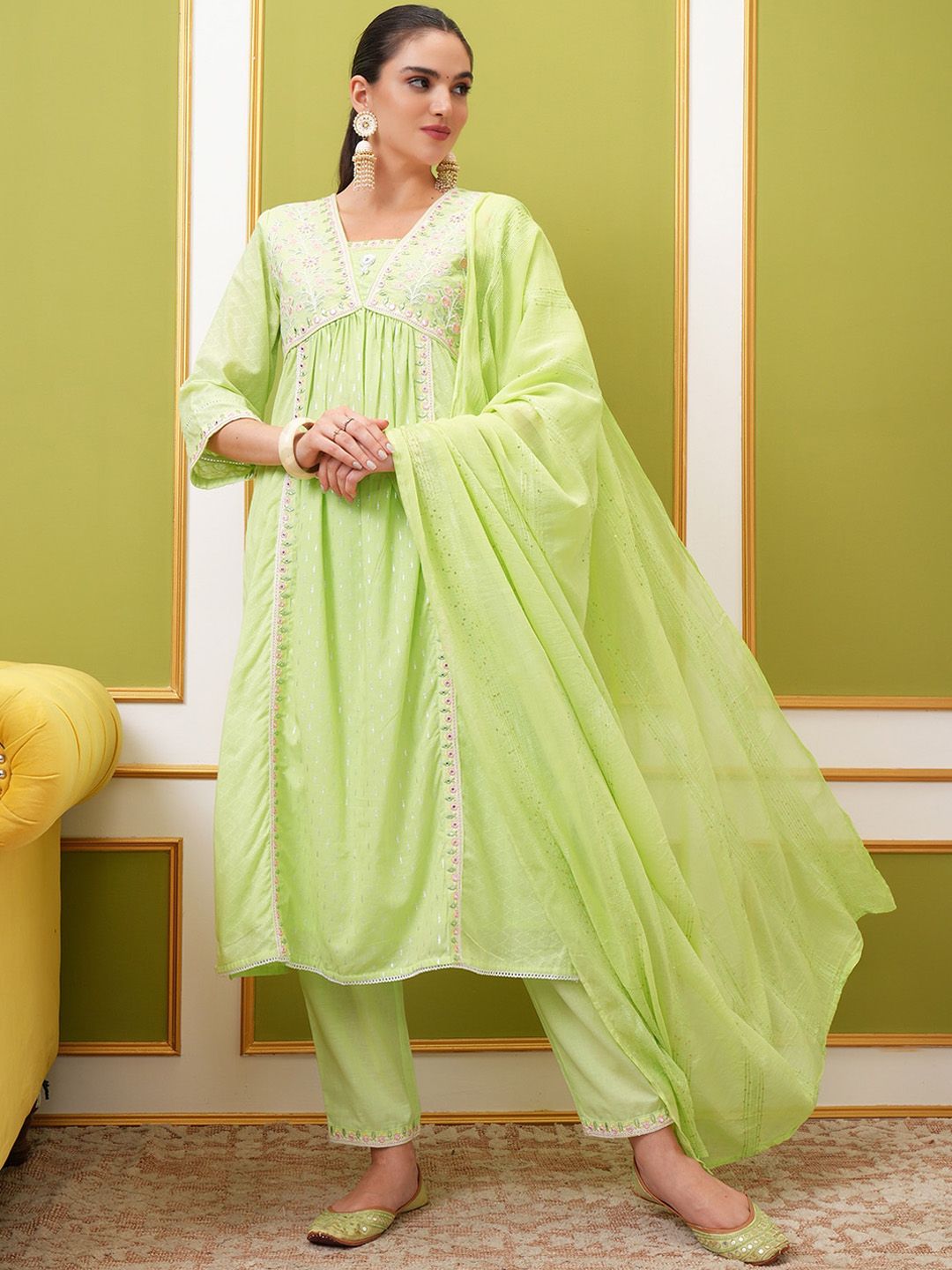 Vishudh Embroidered Pure Cotton Anarkali Kurta & Trousers With Dupatta