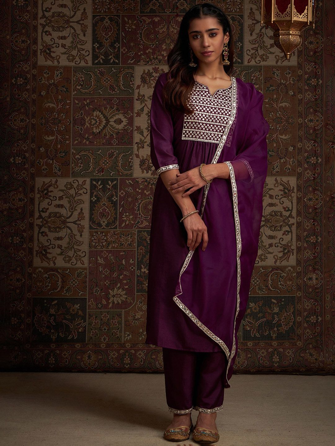 Indo Era Yoke Design Embroidered Regular Kurta With Trousers & With Dupatta