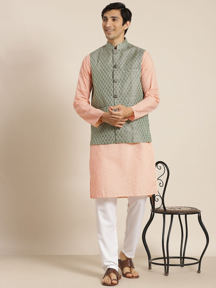SOJANYA Men Peach-Coloured Chikankari Pure Cotton Kurta with Churidar & Nehru Jacket