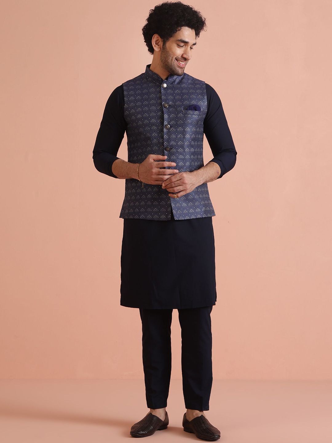 KISAH Straight Kurta with Trousers & Embellished Nehru Jacket