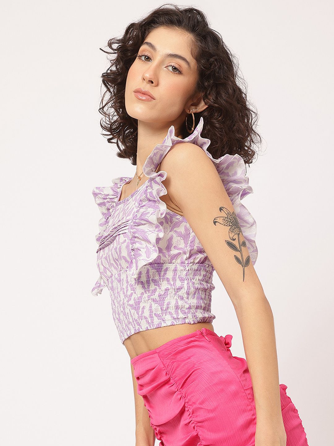 DressBerry Lavender Love Printed Ruffled Smocked Crop Top