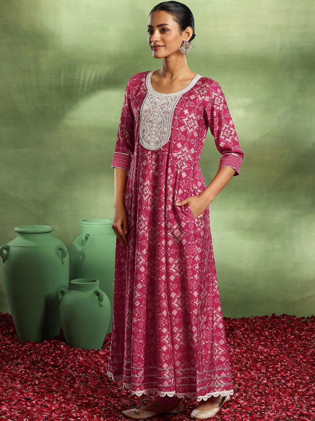 Libas Ethnic Motifs Printed Empire Thread Work Kurta with Churidar & Dupatta