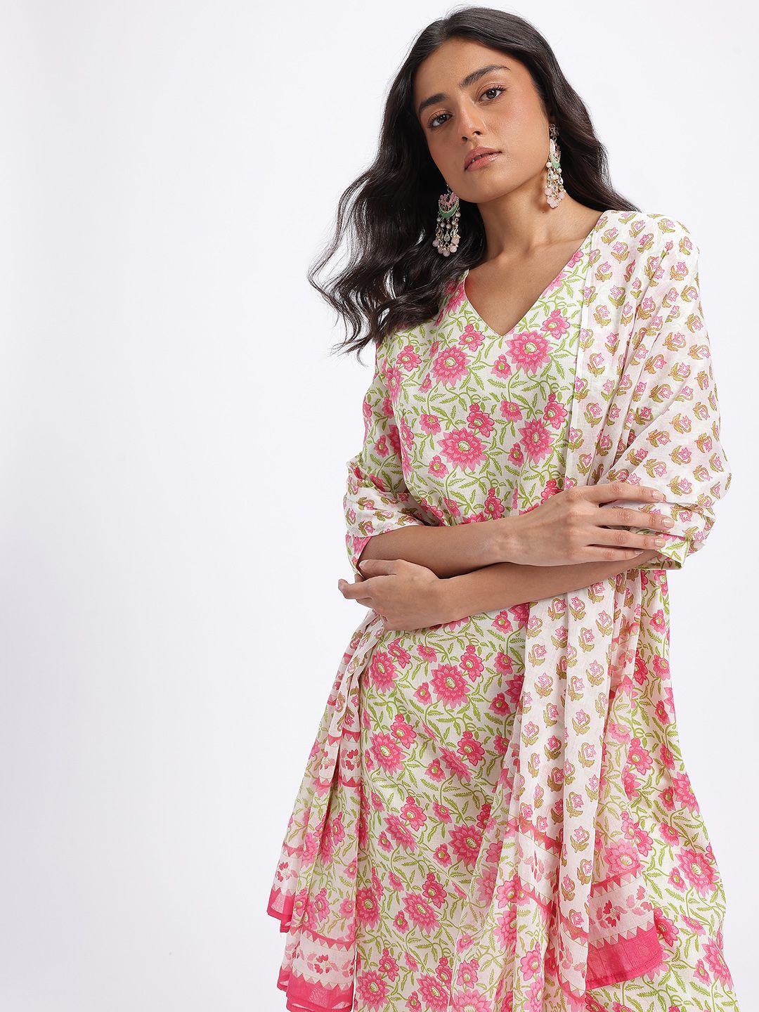 Anouk Floral Printed Pure Cotton Straight Kurta with Trousers & Dupatta