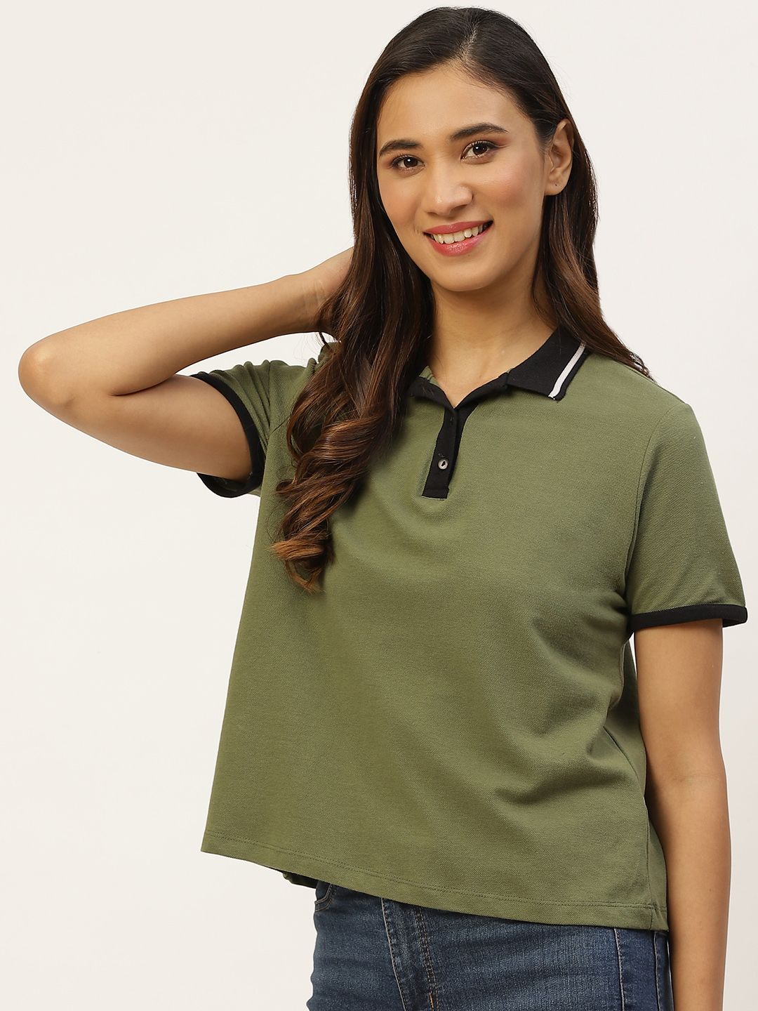 DressBerry Women Olive Green Polo Collar Pure Cotton T-shirt