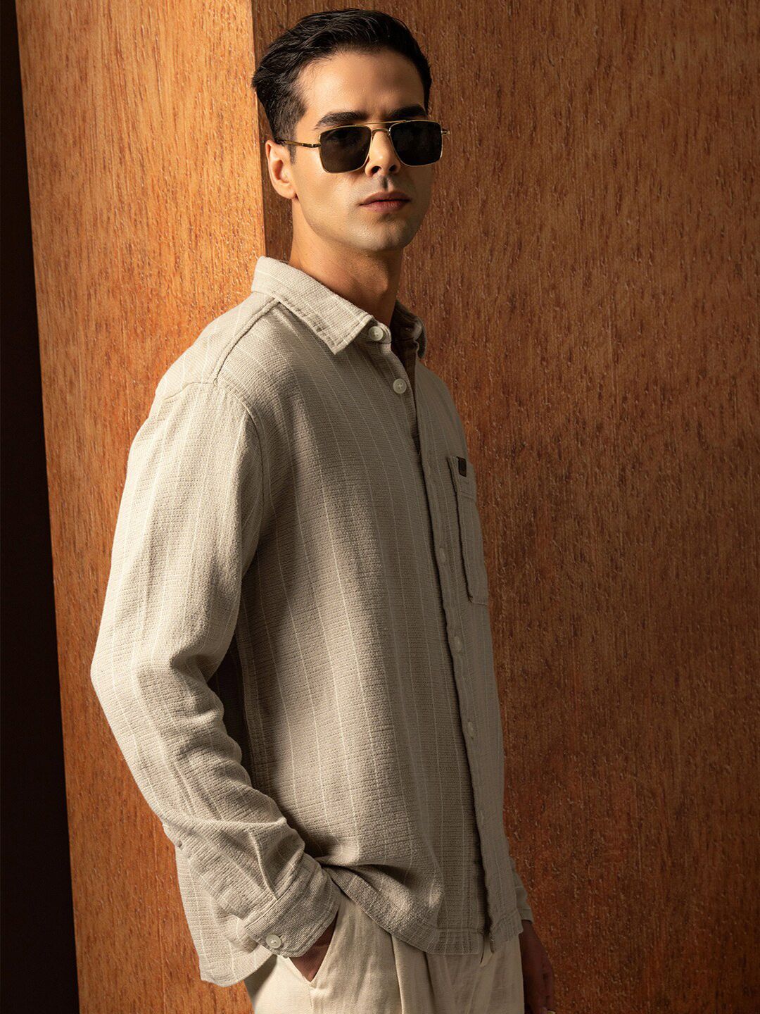 LOCOMOTIVE Oversized Dobby Textured Striped Overshirt