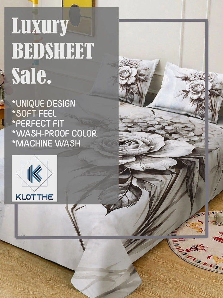 Moda Rapido X KLOTTHE Grey & White Floral 400 TC King Bedsheet with 2 Pillow Covers