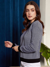 Berrylush Black & White Houndstooth Pattern Contrast Collar Acrylic Pullover Sweater