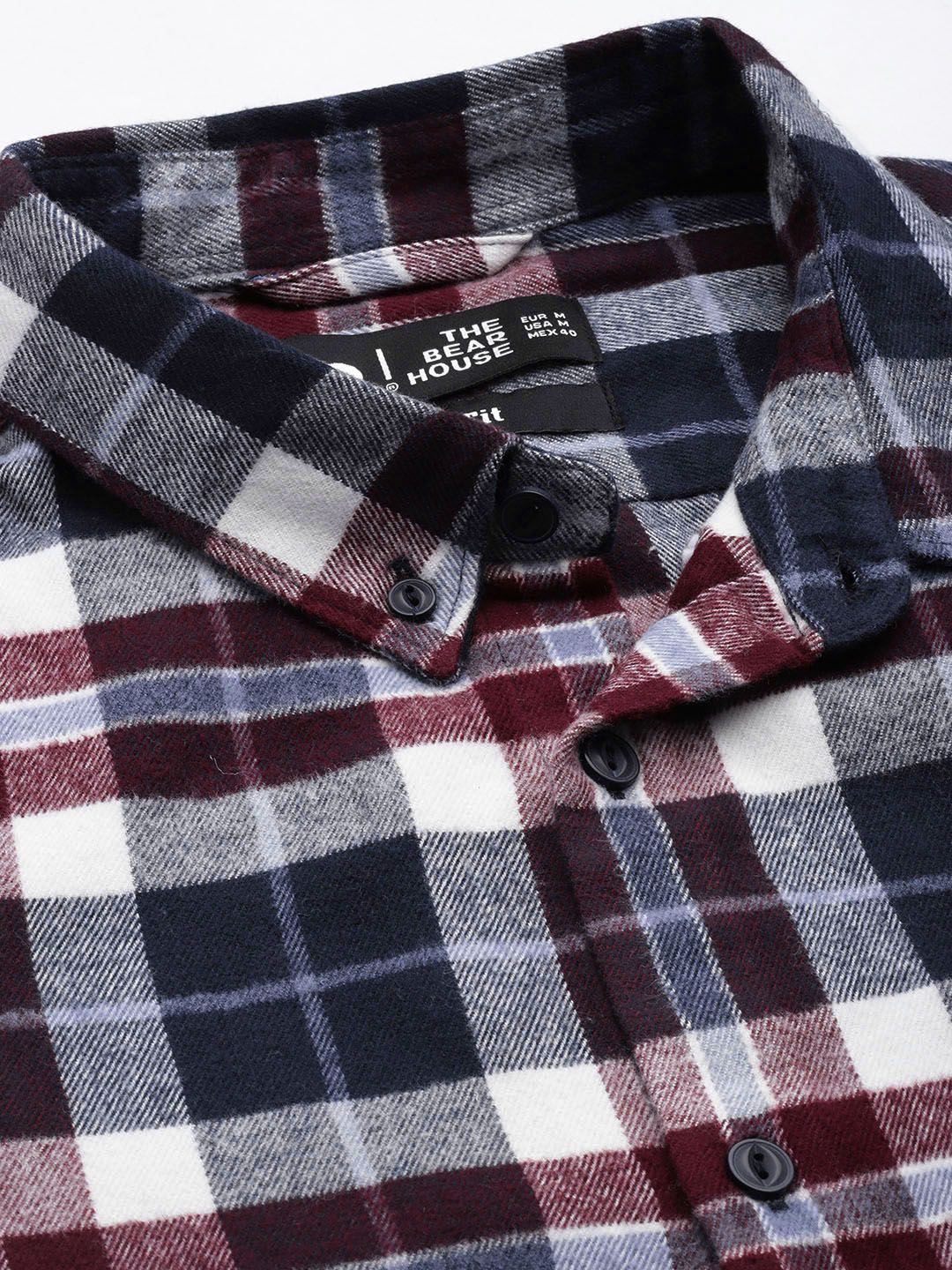 THE BEAR HOUSE Men White & Navy Blue Slim Fit Checked Flannel Cotton Shirt