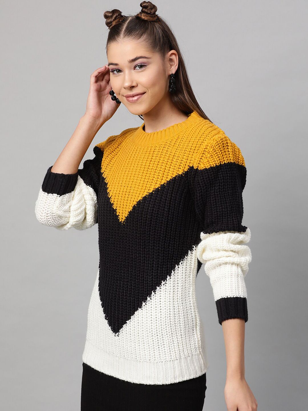 STREET 9 Women Yellow & Black Colourblocked Pullover Acrylic Sweater