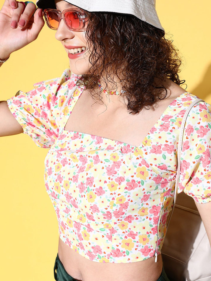 Berrylush White Floral Super Cropped Top