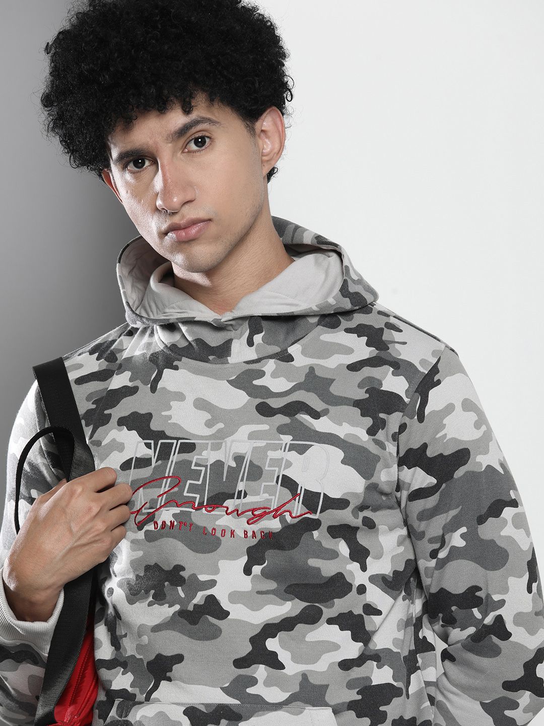 The Indian Garage Co Men Grey & Black Printed Hooded Sweatshirt