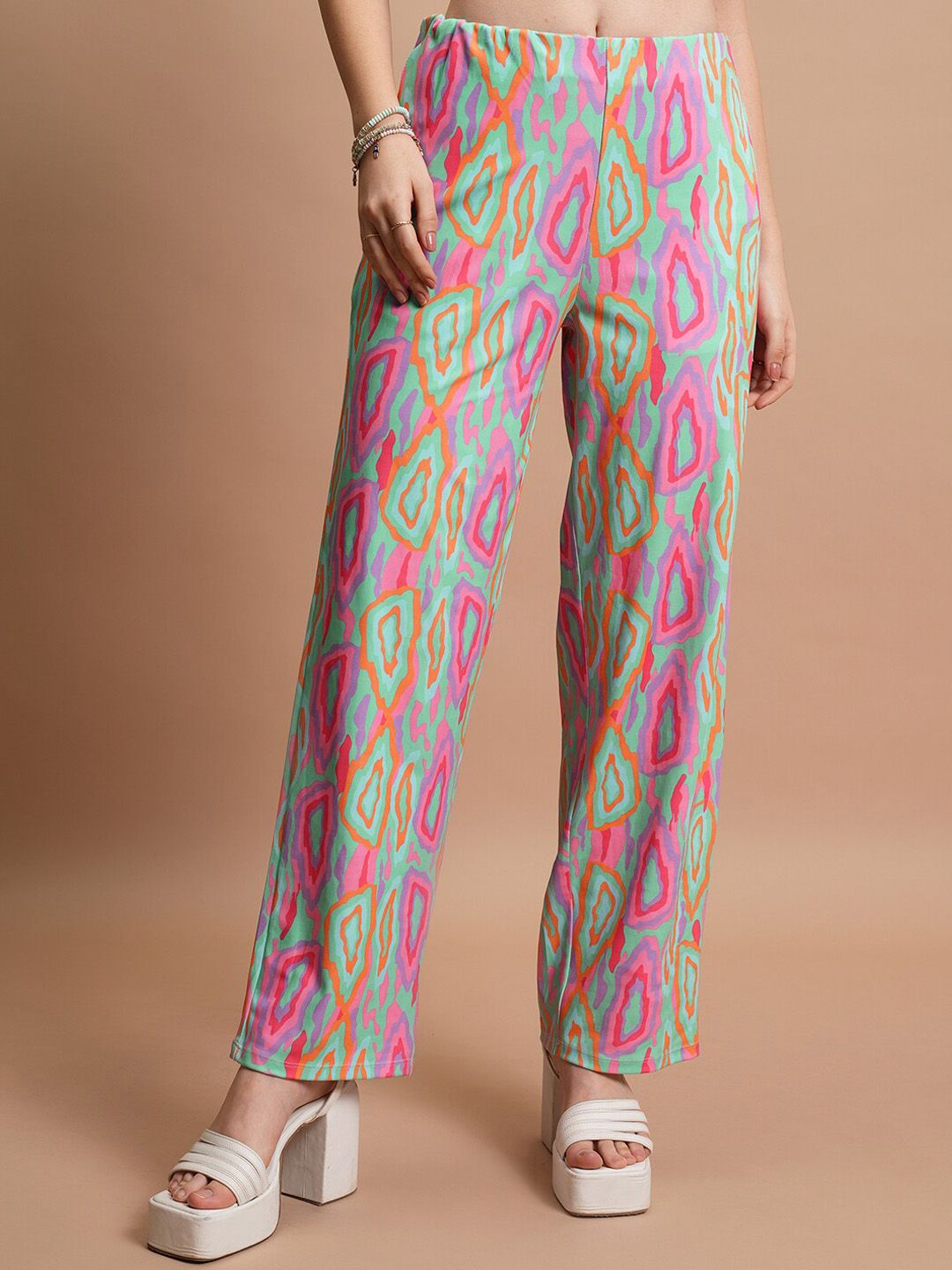 Tokyo Talkies Abstract Printed Ruched Halter Top & Wide Leg Trousers
