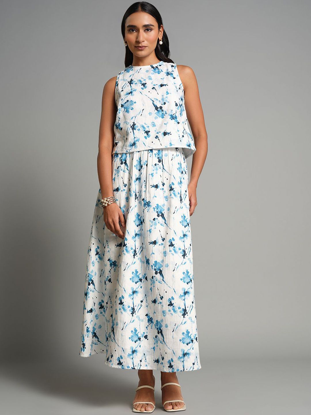 AND Printed Round Neck Pure Cotton Top With Skirts
