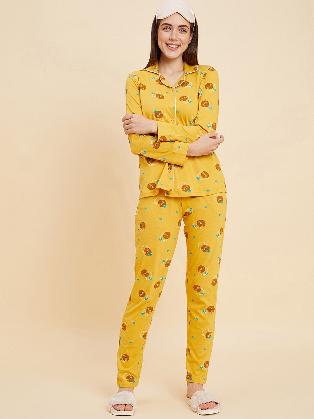 Sweet Dreams Mustard & Brown Conversational Printed Pure Cotton Night suit