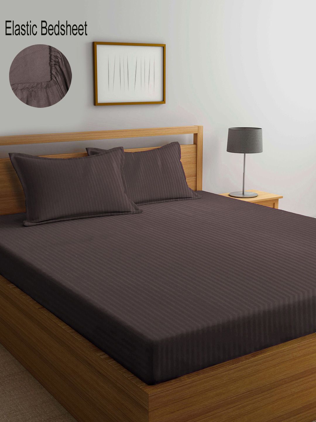 Myntra Elegant Homes Brown Striped Cotton 300 TC Fitted Super King Fine Bedsheet with 2 Pillow Covers-106 x 106 inches