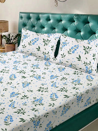 Moda Rapido X KLOTTHE White & Blue Floral 300 TC King Bedsheet with 2 Pillow Covers
