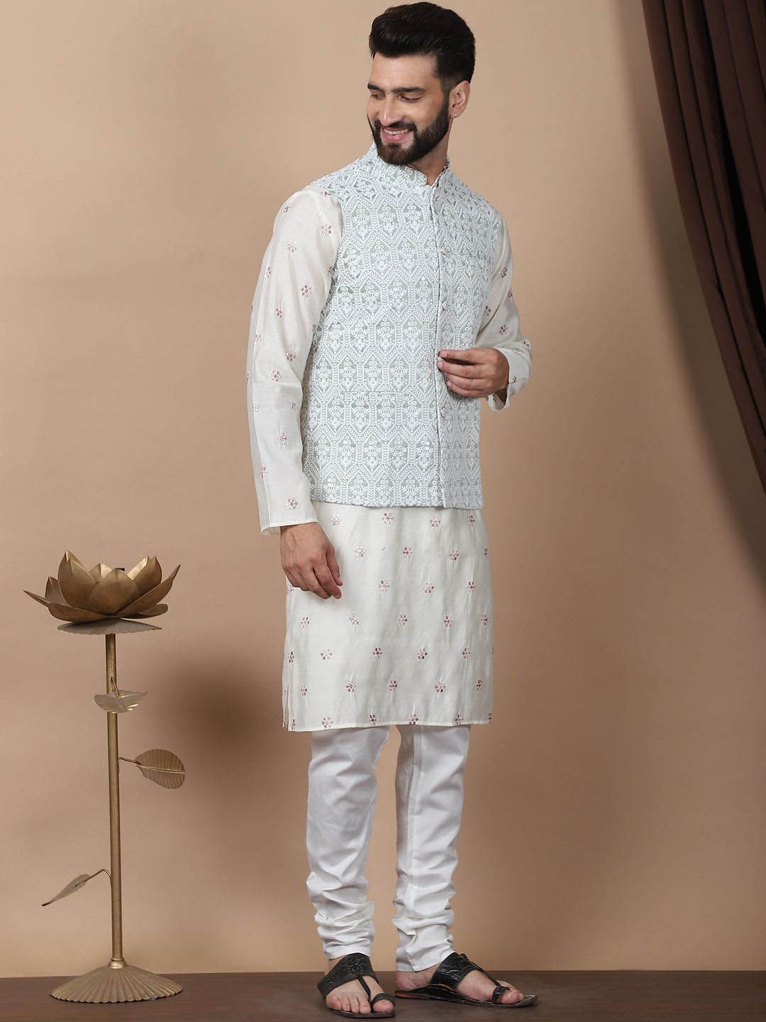 Anouk Cream-Coloured Floral Embroidered Cotton Silk Kurta with Churidar & Nehru Jacket