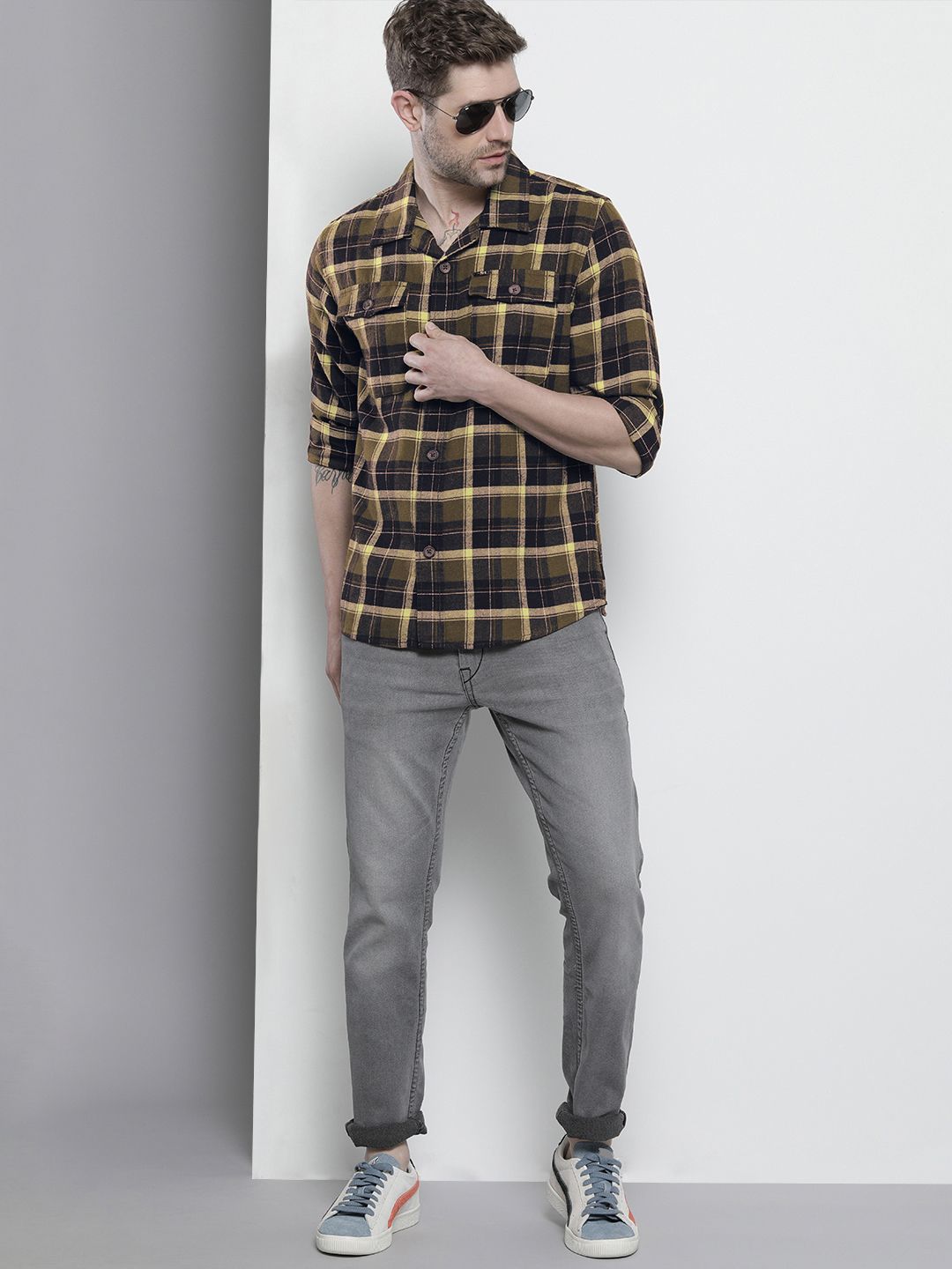 The Indian Garage Co Men Regular Fit Checked Double Flap Pocket Flannel Shirt