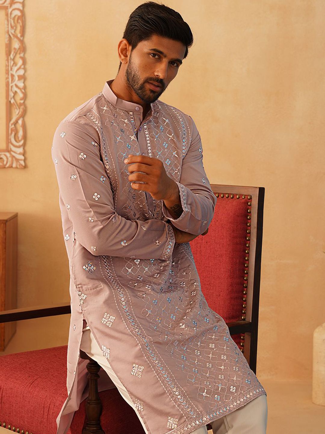 Jompers Ethnic Motifs Embroidered Band Collar Sequinned Straight Kurta