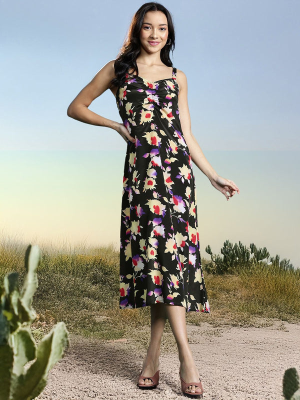 DressBerry Floral Print Ruched A-Line Midi Dress