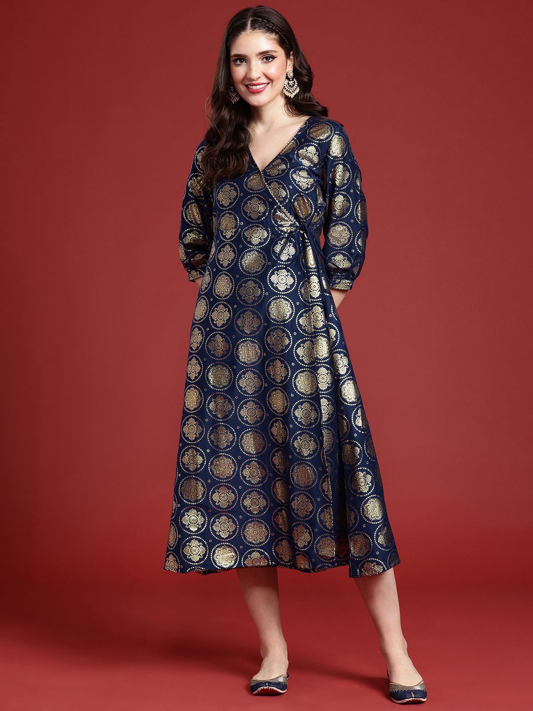 Anouk Ethnic Motifs Foil Printed Wrap Style A-Line Midi Ethnic Dress