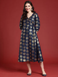 Anouk Ethnic Motifs Foil Printed Wrap Style A-Line Midi Ethnic Dress