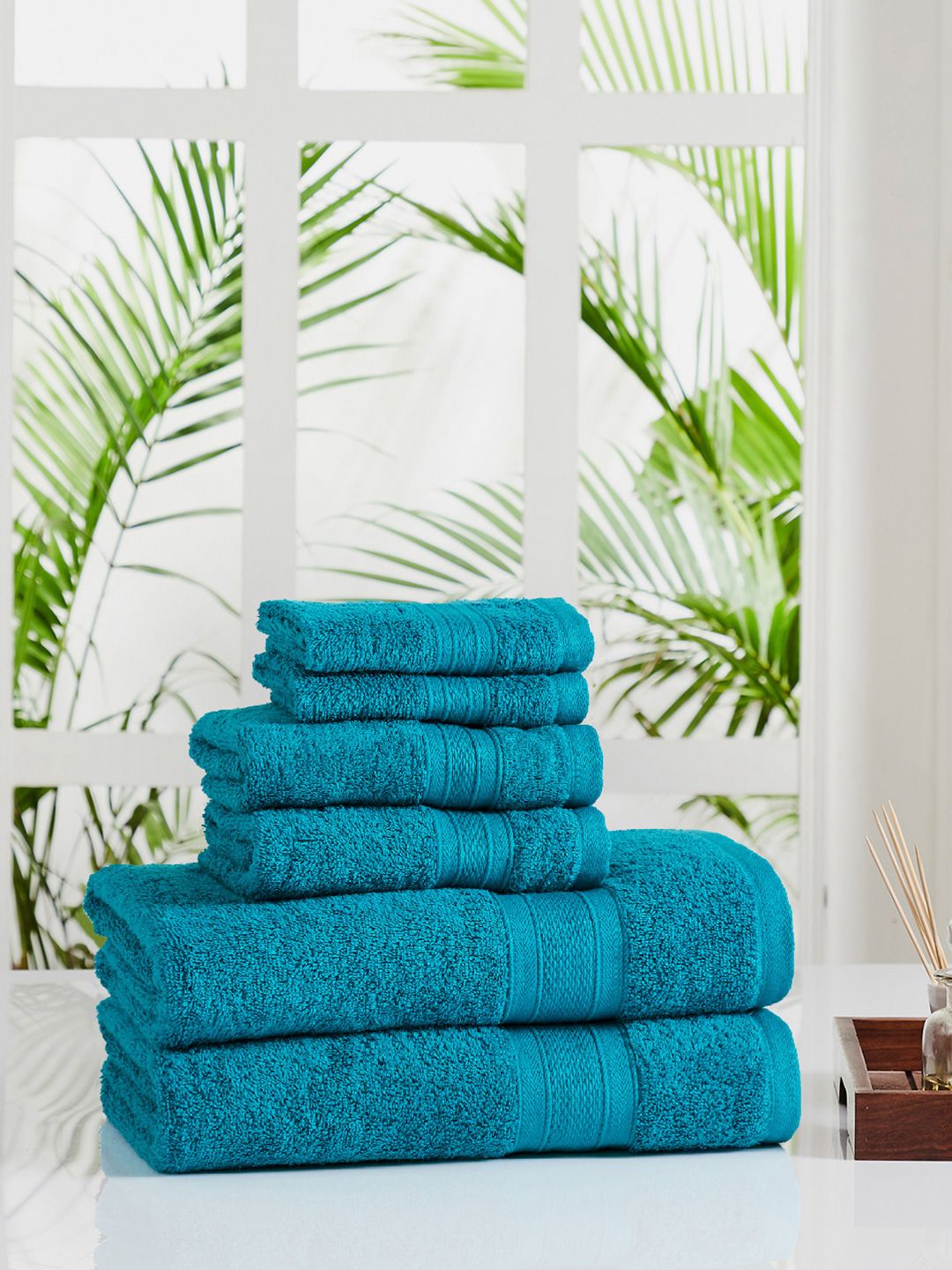 MYTRIDENT Set Of 6 Teal Green Solid 500 GSM Soft  Plush Sustainable Towel Set