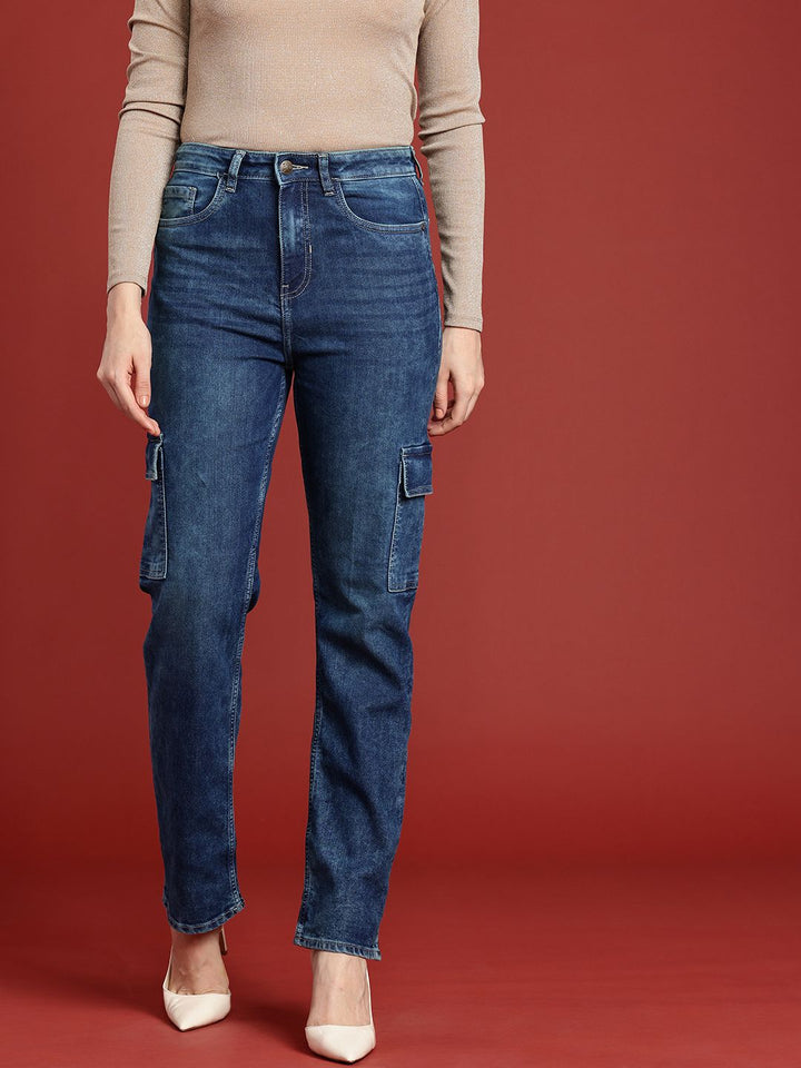 all about you Women Straight Fit Heavy Fade Stretchable Cargo Jeans