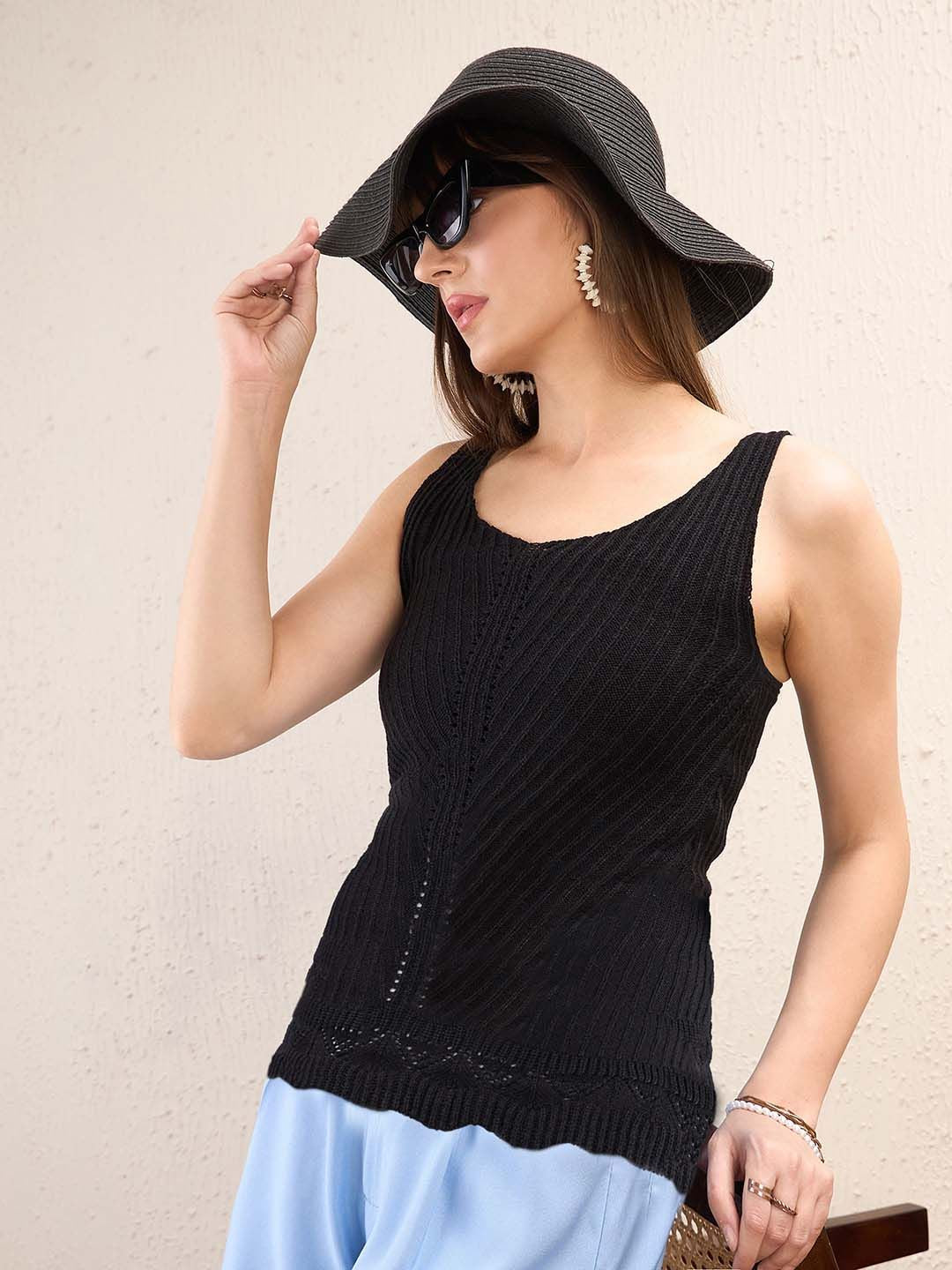 SASSAFRAS Self Design Striped Sleeveless Crochet Top