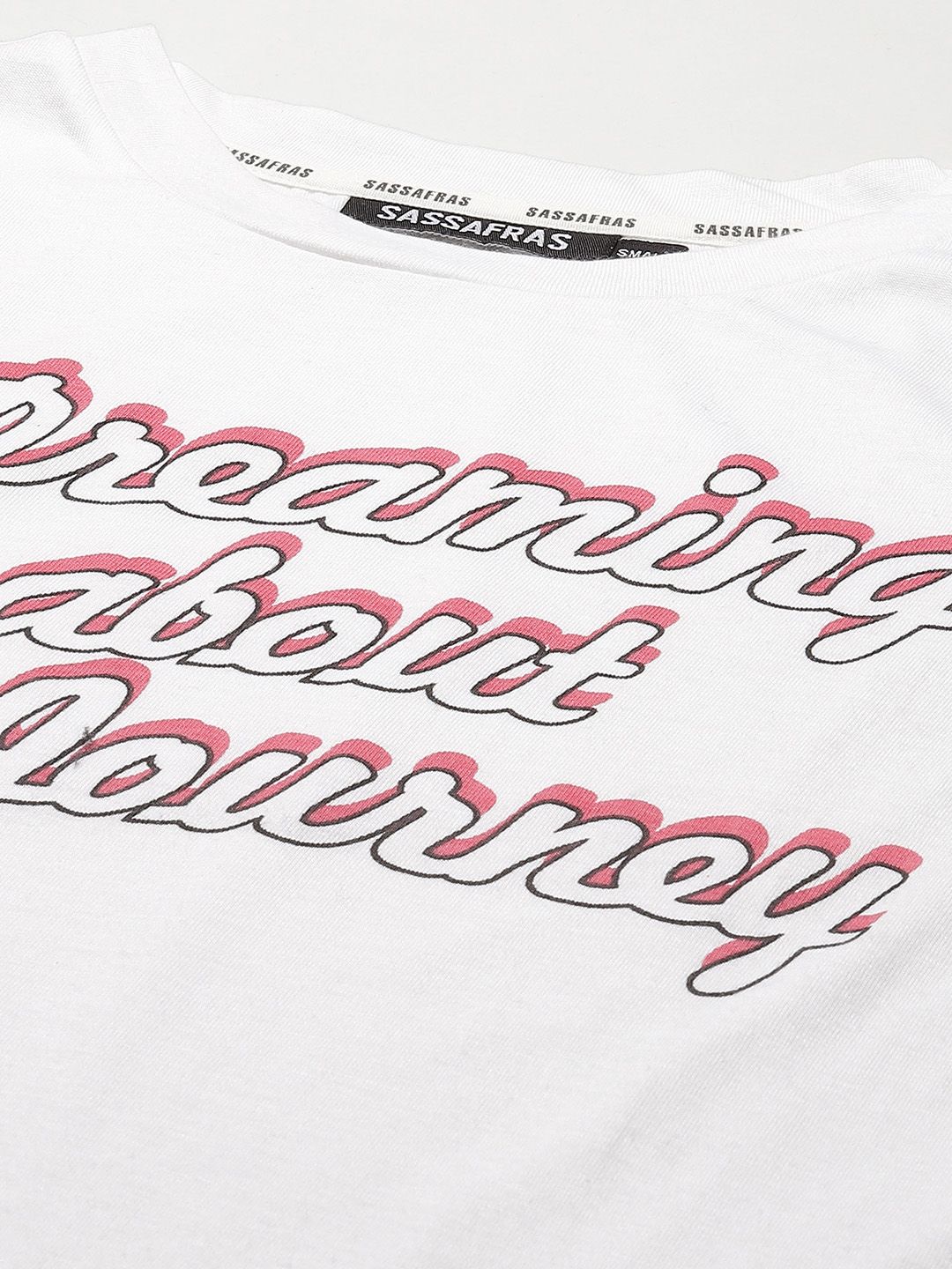 SASSAFRAS Women White Typography Printed V-Neck Pure Cotton T-shirt