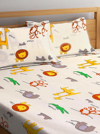 KLOTTHE Off White Cartoon Characters 300 TC Fitted Double Bedsheet with 2 Pillow Covers