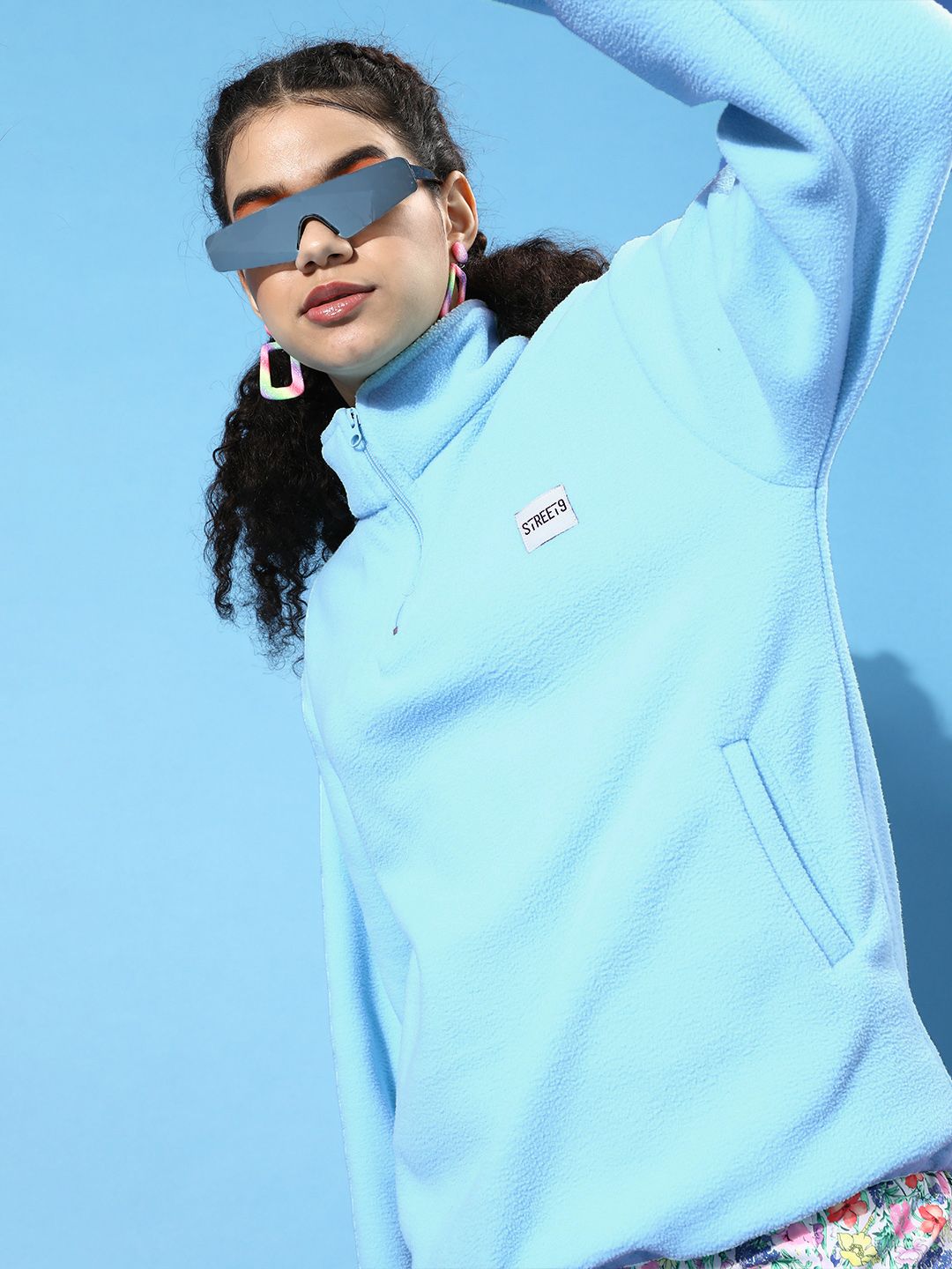 STREET 9 Women Alluring Turquoise Blue Solid Sweatshirt