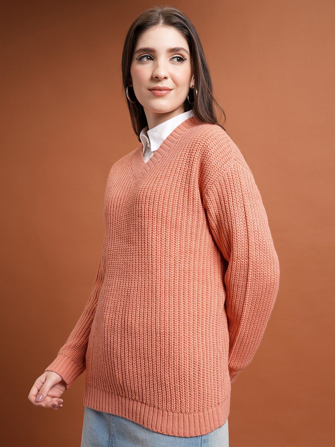 Tokyo Talkies Coral V-Neck Cable Knit Acrylic Pullover
