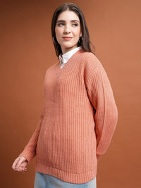 Tokyo Talkies Coral V-Neck Cable Knit Acrylic Pullover