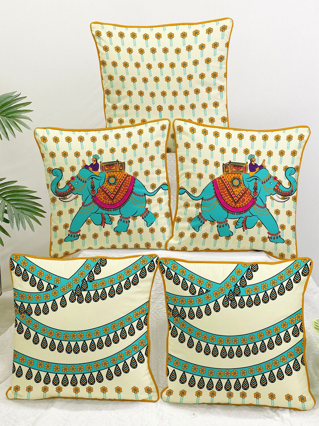 STITCHNEST Blue & Cream-Coloured Set of 5 Floral Velvet Square Cushion Covers
